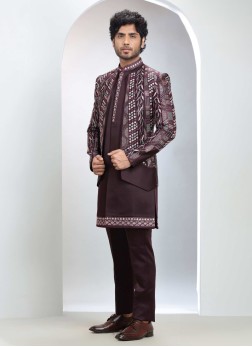 Stylish Wine Indowestern Set With Jacket