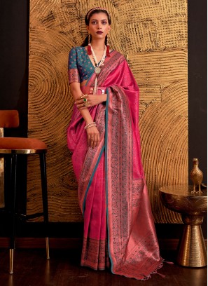 Deep Pink Weaving Handloom Silk Saree