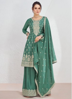 Sea Green Embroidered Palazzo Set In Chinon Silk