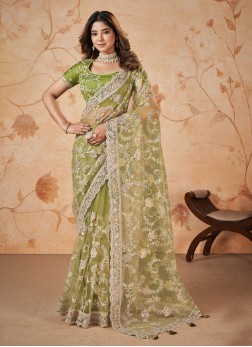 Designer Light Green Net Embroidered Saree