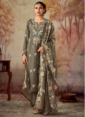 Grey Embroidered Art Silk Dress Material