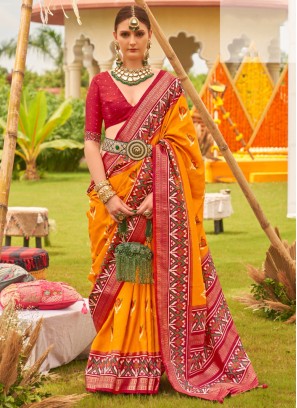 Mustard Yellow & Red Patola Printed Contemporary Silk Saree