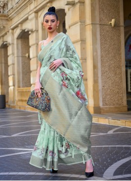 Sea Green Printed Contemporary Brasso Saree