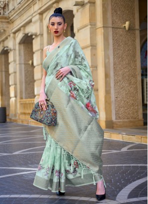 Sea Green Printed Contemporary Brasso Saree