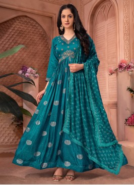 Teal Blue Anarkali Suit In Banarasi With Georgette