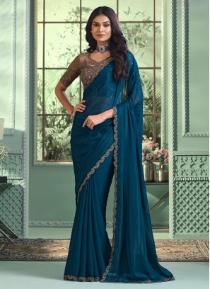 Teal Blue And Brown Contemporary Saree
