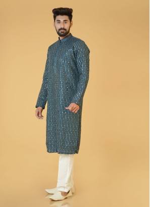 Teal Blue And White Trouser Style Kurta Pajama