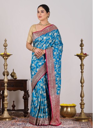 Teal Blue Banarasi Silk Saree For Festive Radiance