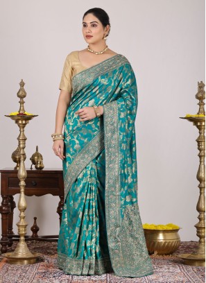 Teal Blue Banarasi Silk Saree With Weaving Elegance