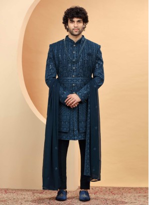 Teal Blue Chiffon Silk Jacket Style Indowestern Set For Men