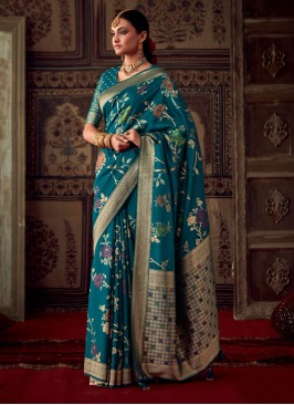 Timeless Teal Blue Woven Baranasi Crepe Saree