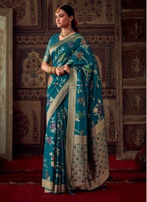 Timeless Teal Blue Woven Baranasi Crepe Saree