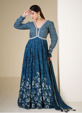 Teal Blue Embroidered Anarkali Suit With Dupatta