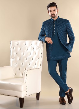 Teal Blue Embroidered Jodhpuri Suit With Jacket