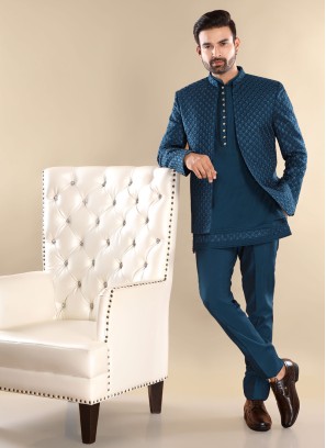 Teal Blue Embroidered Jodhpuri Suit With Jacket