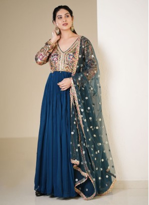 Teal Blue Georgette Anarkali And Dupatta With Embroidered Work