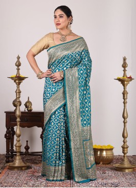 Teal Blue Pure Banarasi Silk Saree