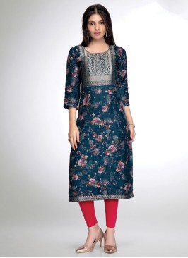 Teal Blue Readymade Floral Printed Kurti In Straight Cut