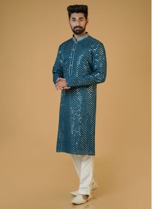 Teal Blue Readymade Silk Embroider Kurta Pajama