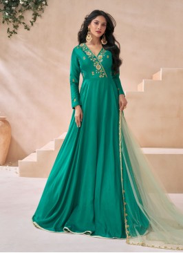 Teal Blue Silk Designer Anarkali Suit