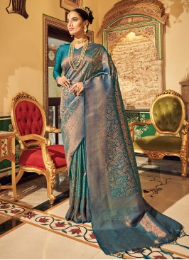 Teal Blue Silk Saree With Weaving Work