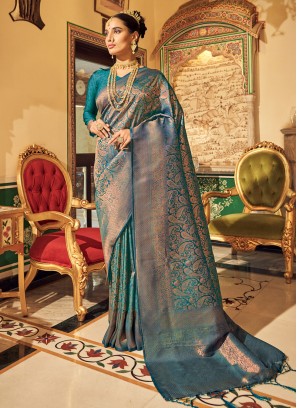 Teal Blue Silk Saree With Weaving Work