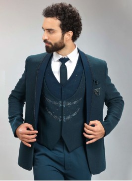 Teal Blue Silk Tuxedo Suit For Groom