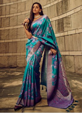 Teal Blue Weaving Border Work Silk Saree