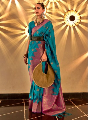 Teal Blue Weaving Handloom Silk Classic Saree