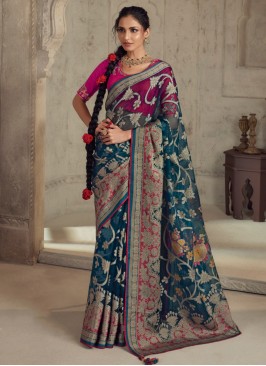 Teal Blue Printed Contemporary Organza Saree