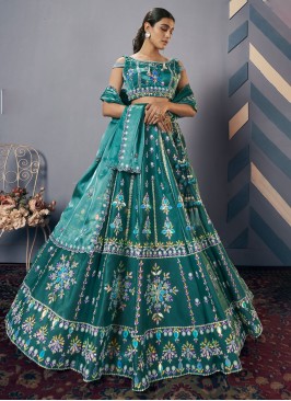 Teal Lehenga Choli Set With Antique Floral Embroidery