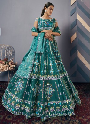 Teal Lehenga Choli Set With Antique Floral Embroidery