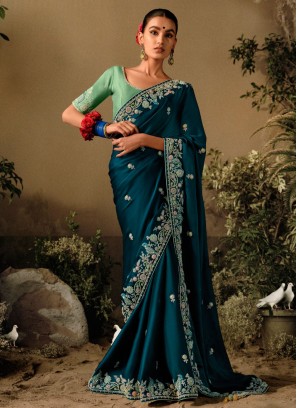 Teal Blue Designer Art Silk Embroidered Saree