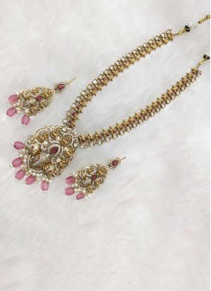 Temple Design Gold Finish Pink Necklace Set