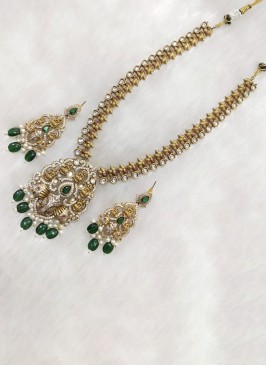 Temple Style Long Necklace Set With Diamond Work