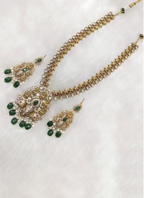 Temple Style Long Necklace Set With Diamond Work