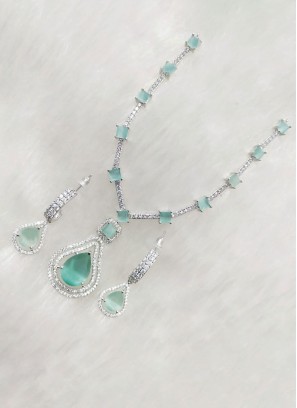 Party Wear Silver Finish Light Sea Green Necklace Set