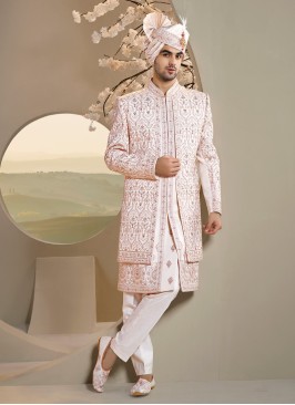 Thread Embroidered Art Silk Rose Gold Sherwani For Groom