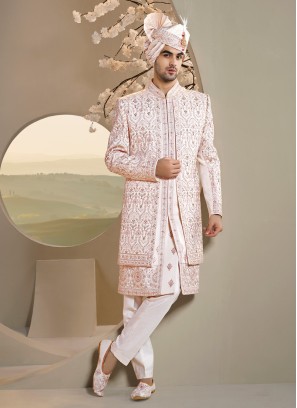 Thread Embroidered Art Silk Rose Gold Sherwani For Groom