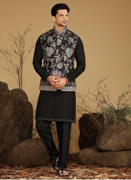 Thread Embroidered Black Art Silk Nehru Jacket Set