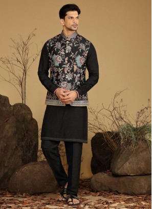 Thread Embroidered Black Art Silk Nehru Jacket Set
