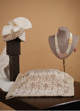 Thread Embroidered Cream Color Turban, Dupatta And Mala