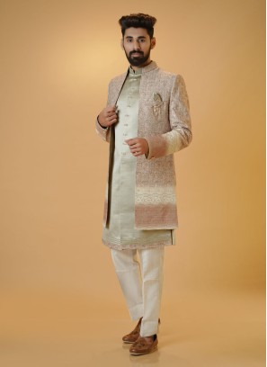 Thread Embroidered Jacket Style Indowestern For Men