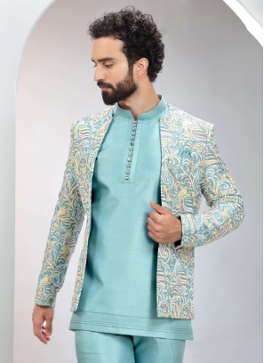 Thread Embroidered Jacket Style Indowestern For Men