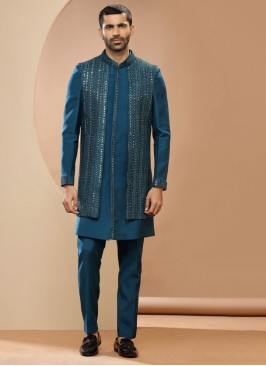 Thread Embroidered Jacket Style Teal Blue Indowestern Set