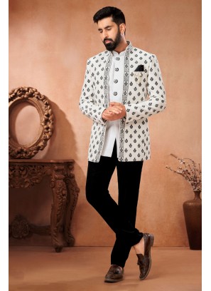 Thread Embroidered Off White Nehru Jacket Set For Men