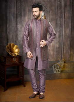 Thread Embroidered Onion Pink Nehru Jacket Set For