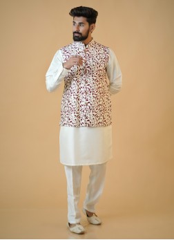 Thread Embroidered Silk Nehru Jacket Set For Weddi