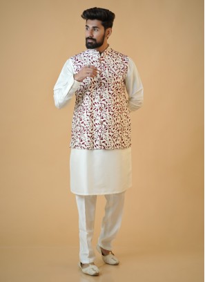 Thread Embroidered Silk Nehru Jacket Set For Wedding