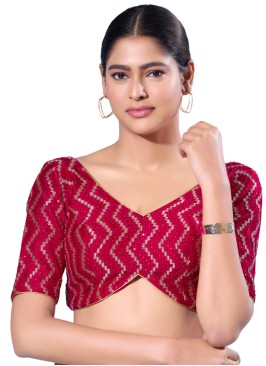 Thread Embroidered Silk Readymade Blouse In Crimson